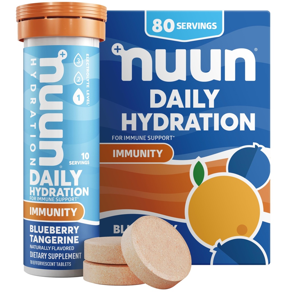 Nuun Immunity Electrolyte Tablets with Vitamin D, C, E, " A, Ginger, Elderberry, Magnesium " 4 Other Essential Electrolytes, Vegan, Blueberry Tangerine, 8 Pack (80 Servings Total)