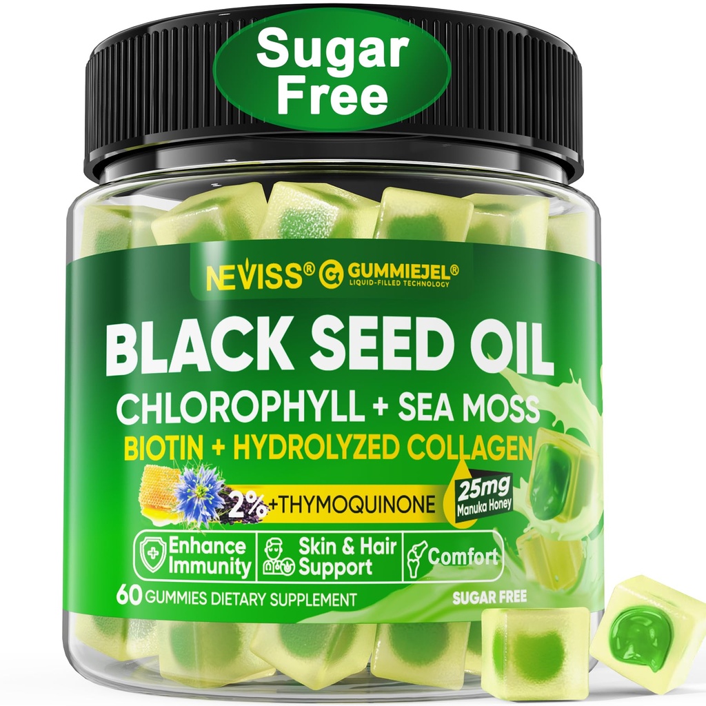 Black Seed Oil Gummies, Chlorophyll & Sea Moss Supplement 500mg, Biotin 500mcg with Hydrolyzed Collagen for Skin, Hair & Nails, Vit E, C, Zinc for General Health, Organic Cold Pressed, High Absorption