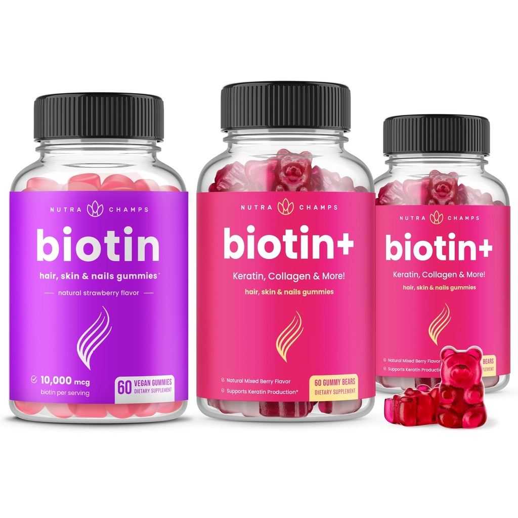 NutraChamps Complete Biotin Bundle para el cabello, piel y uñas. Biotin &amp; Biotin+