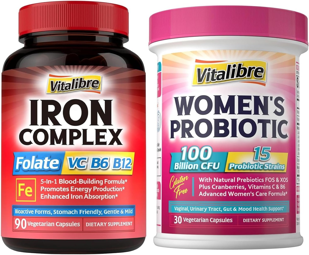 Suplemento de hierro para hombres de mujeres 90Caps &amp; Vitalibre Probióticos para mujeres 100 millones de francos CFU 15 Strains