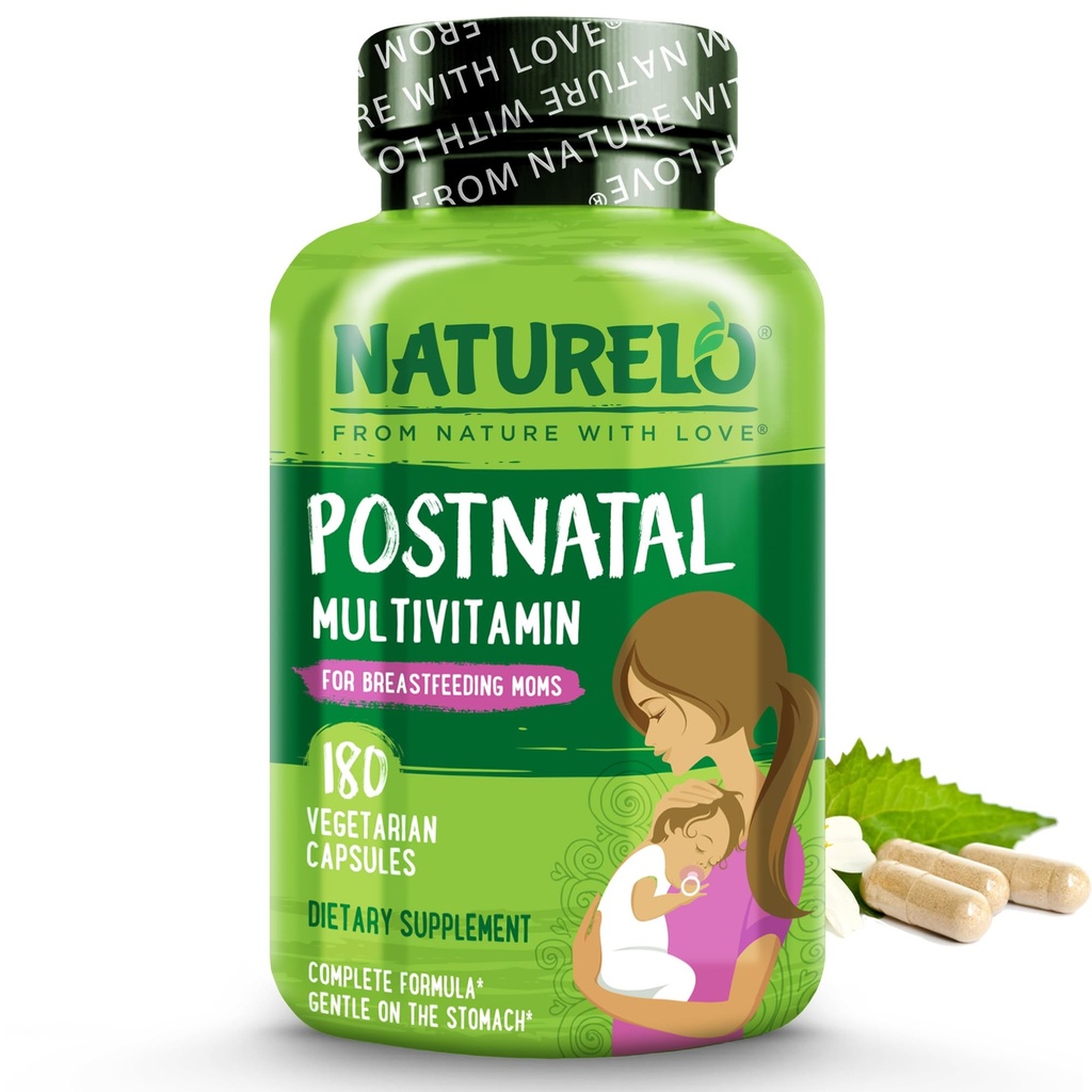 NATURELO Postnatal Multivitamin - Suplemento para lactancia materna - Vitamina D de base vegetal, folato, hierro suave - para la madre de enfermería, bebé - Post Natal Lactation Support 180 Capsules
