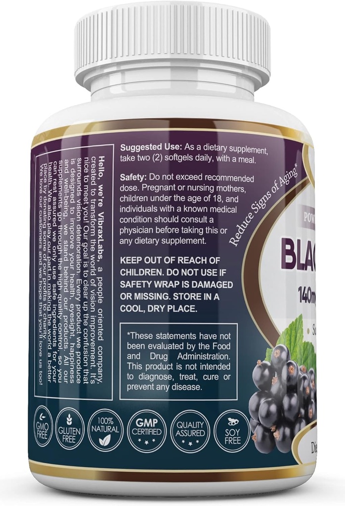 Vibraxlabs Black Currant Oil 1000mg - Hexane Free – Natural Anti Aging Antioxidant with High GLA Fórmula – Apoya el cabello, la piel, la articulación " Eye Health – Premium Black Currant Seed Oil Softgel Suplemento