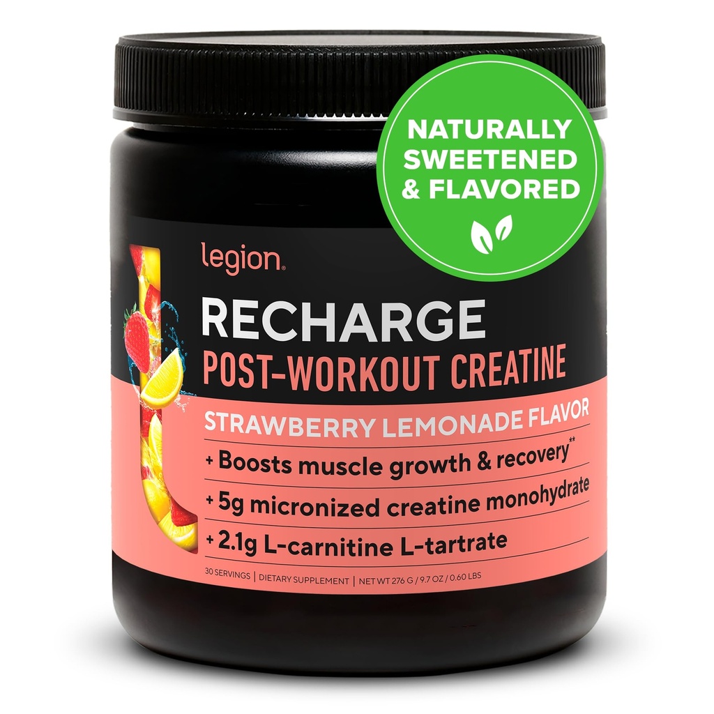 LEGION Recarga Post Workout Drink - Micronized Creatine Monohydrate Natural Post Workout Recovery Drink - Muscle Builder &amp; Recovery Booster Post Workout Supplements (Strawberry Lemonade, 30 Servings)