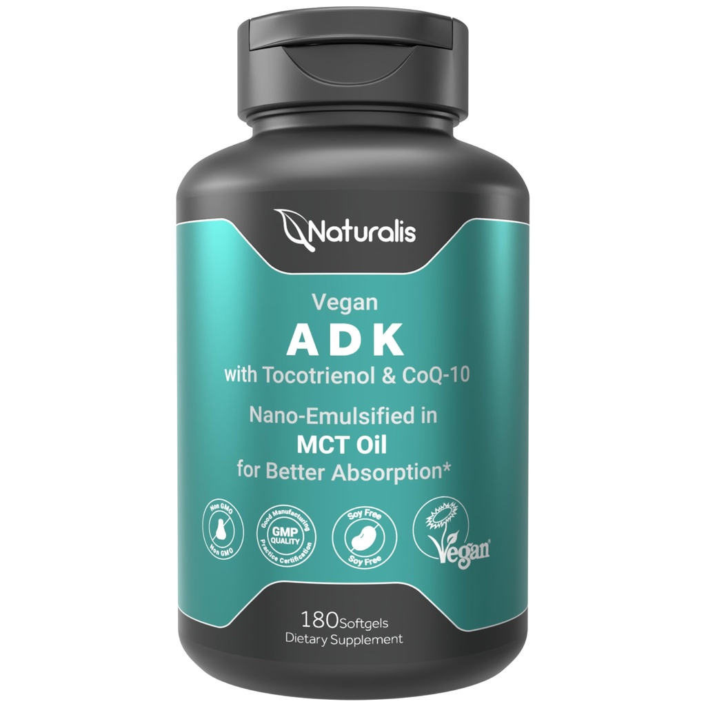Naturalis Vegan Vitamina ADK con 50mg Tocotrienol y CoQ-10 Silencio Nano-Emulsified in EVOO for Better Absoprtion ← Non-GMO, Soy Free and Vegan Society Certified tención 180 Veggie Softgels (Carrageenan Free)