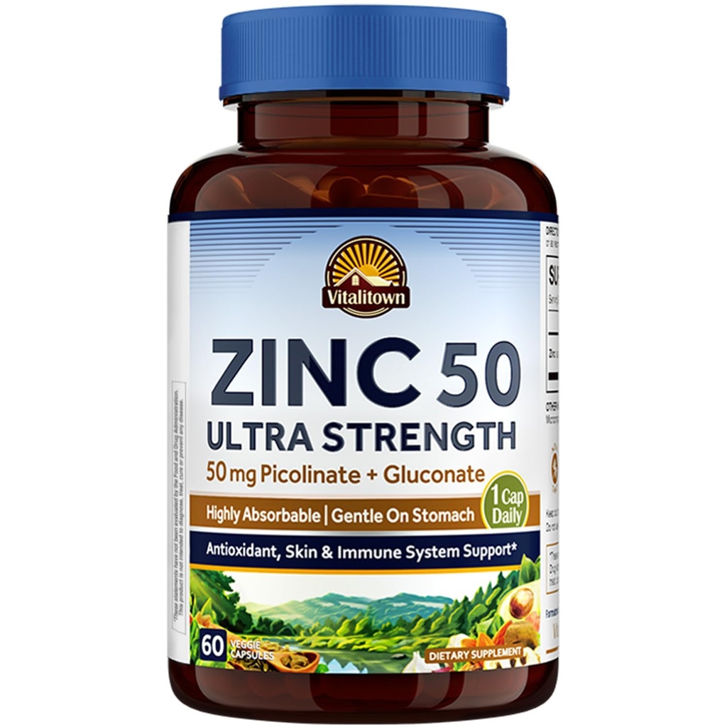 Vitalitown Chelated Zinc 50 mg, Zinc Picolinate & Gluconate, 60 cápsulas vegetarianas, Well-Absorbed, Immune System, Healthy Skin &amp; Development, Vegan, NO Gluten, Non-GMO
