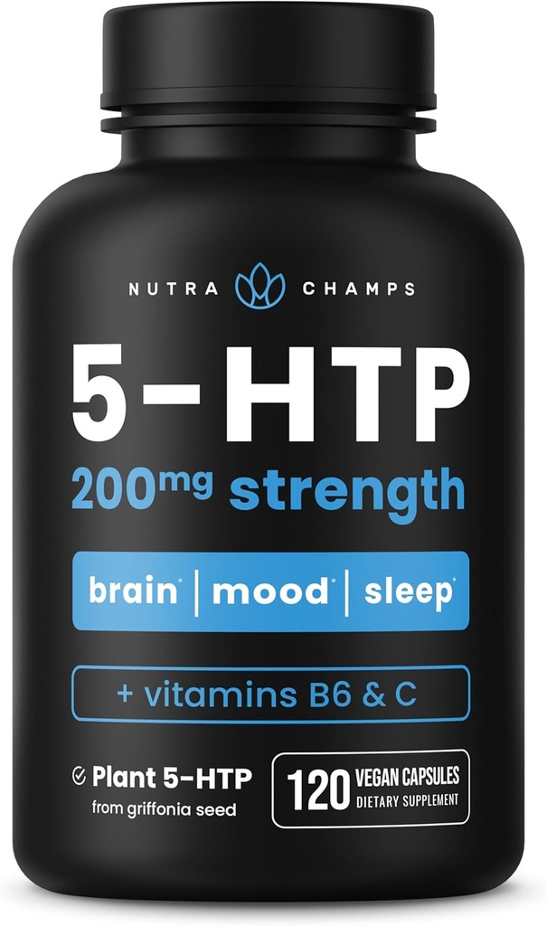 NutraChamps 5-HTP 200mg, 120 cápsulas Vegan, Pura 5HTP 100mg Plus Co-Factores Vitamina B6 y Vitamina C