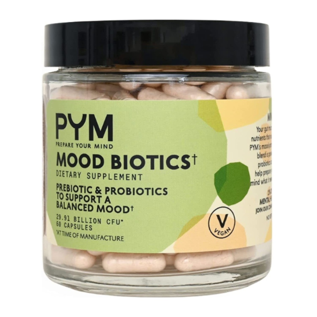 Prebióticos y Probióticos Mood Biotics por PYM con 22.91 Billion CFU (60 Conde) Gut Health &amp; Mood Support Suplemento No-GMO, Vegan, Gluten Free
