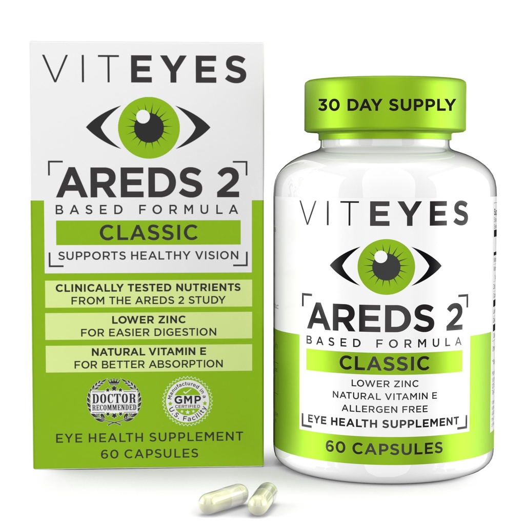 Viteyes AREDS 2 Vitaminas Oculares, Soporte Macular Clásico, Alérgenos Capsules Libres, con Vitamina Natural E, Vitamina C, Zinc, Cobre, Lutein &amp; Zeaxanthin, Eye Doctor Trusted, Manufactured in The USA, 60 Ct