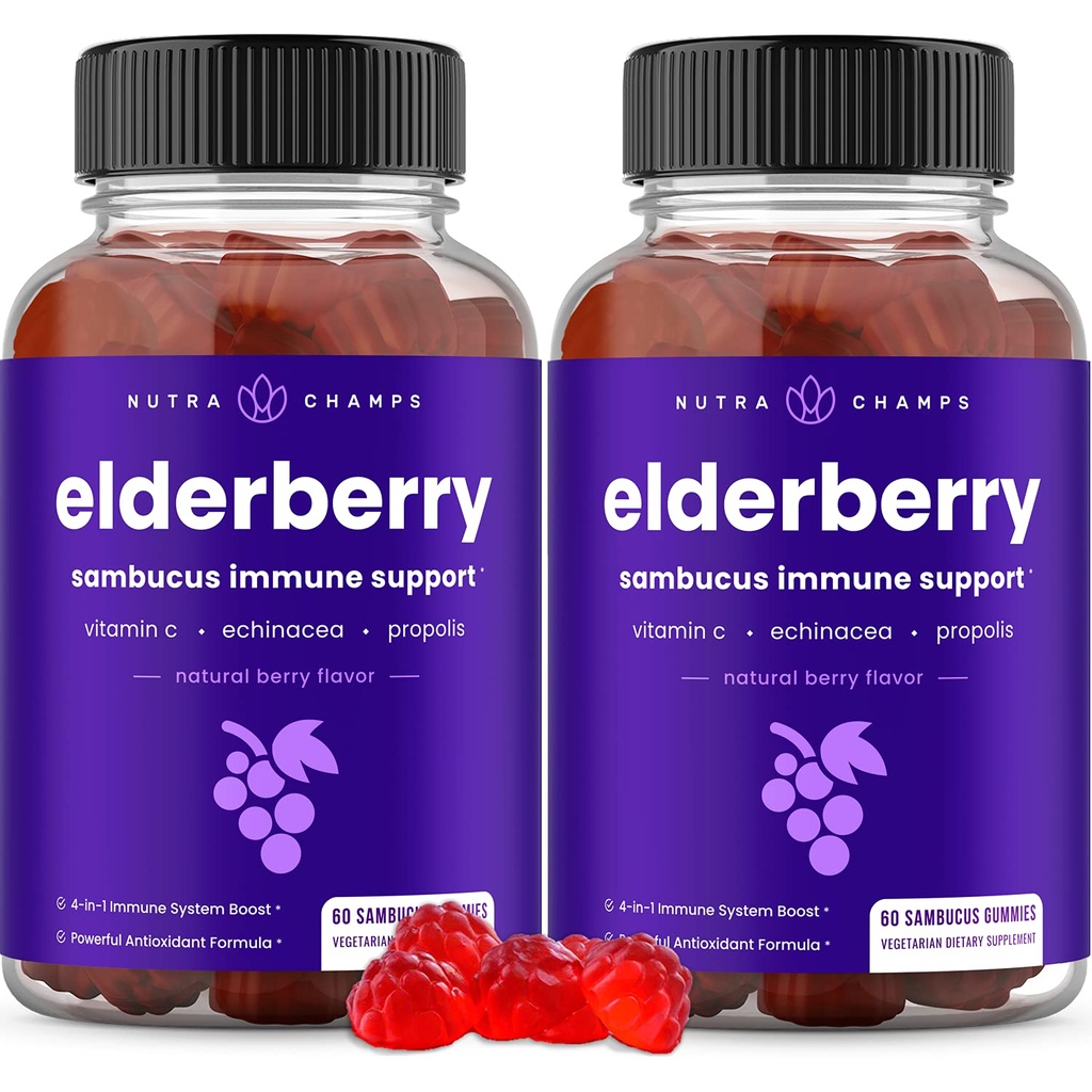 NutraChamps Elderberry Gummies, Sambucus Elderberry Gummies for Adults &amp; Kids, Vitamina C, Propolis & Echinacea, Max Strength Immune Support Gummies, Natural Berry Flavor, 120 Gummies (Pack of 2)