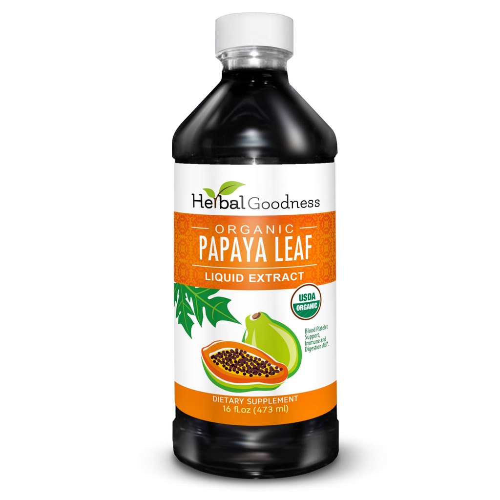 Herbal Goodness Papaya Leaf Extract Platelet Support - 15X Blood Platelet Boost, Bone Marrow &amp; Spleen Support, Immune & Gut Health, Digestive Enzyme - Organic Kosher 16 oz Liquid Extract