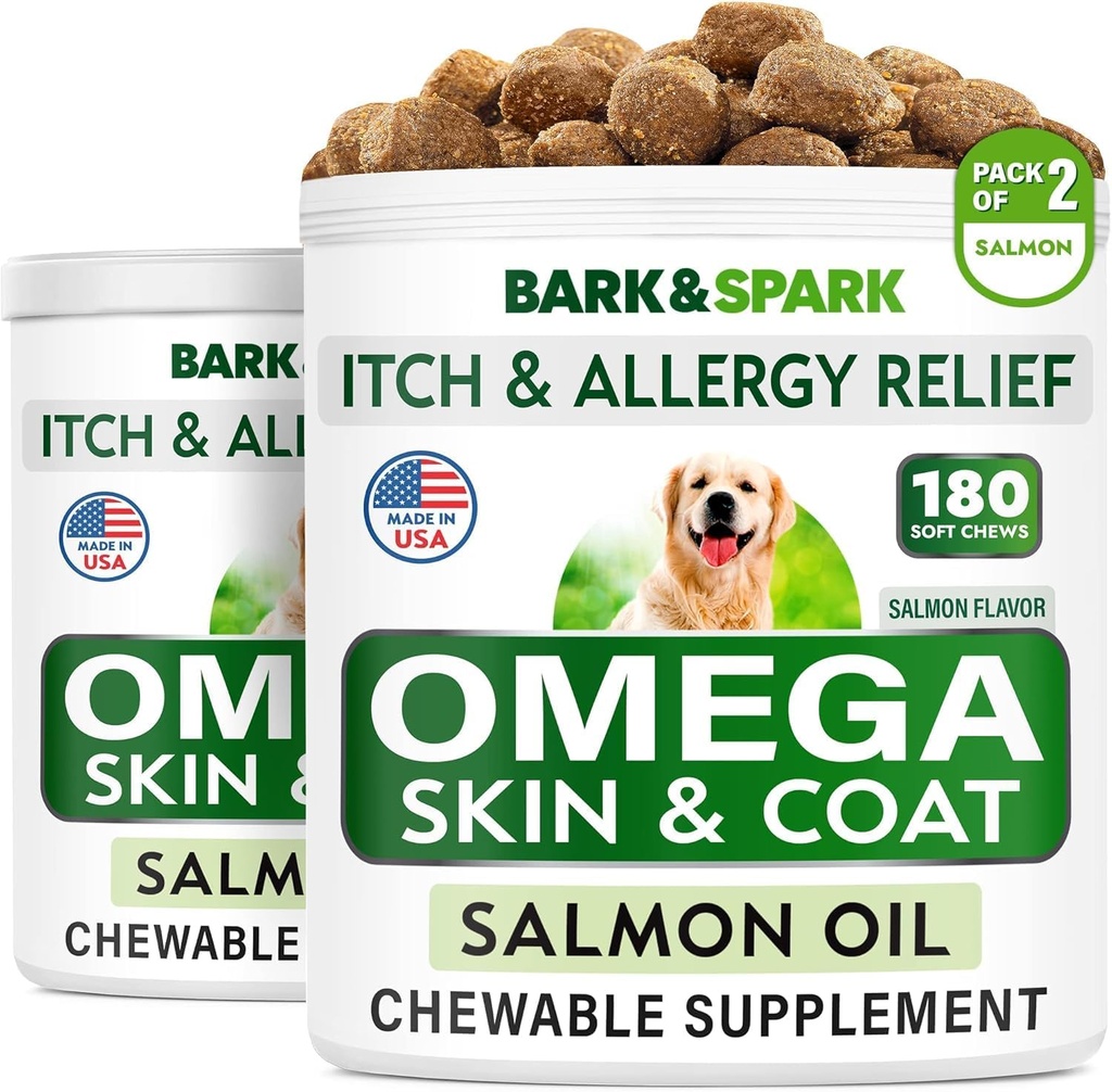 BARKюSPARK Omega 3 for Dogs - 360 Fish Oil Treats for Dog Shedding, Skin Allergy, Itch Relief, Hot Spots Treatment - Joint Health - Skin and Coat Supplement - EPA & DHA Fatty Acids - Salmon Oil