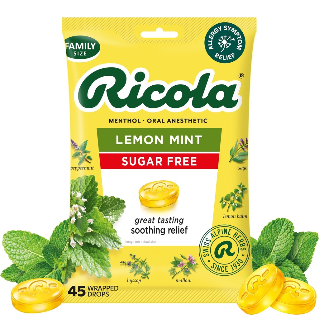 Ricola Sugar Free Lemon Mint Throat Drops, 45 Cuenta, Refreshing Relief From Minor Throat Irritations, Oral Anesthetic