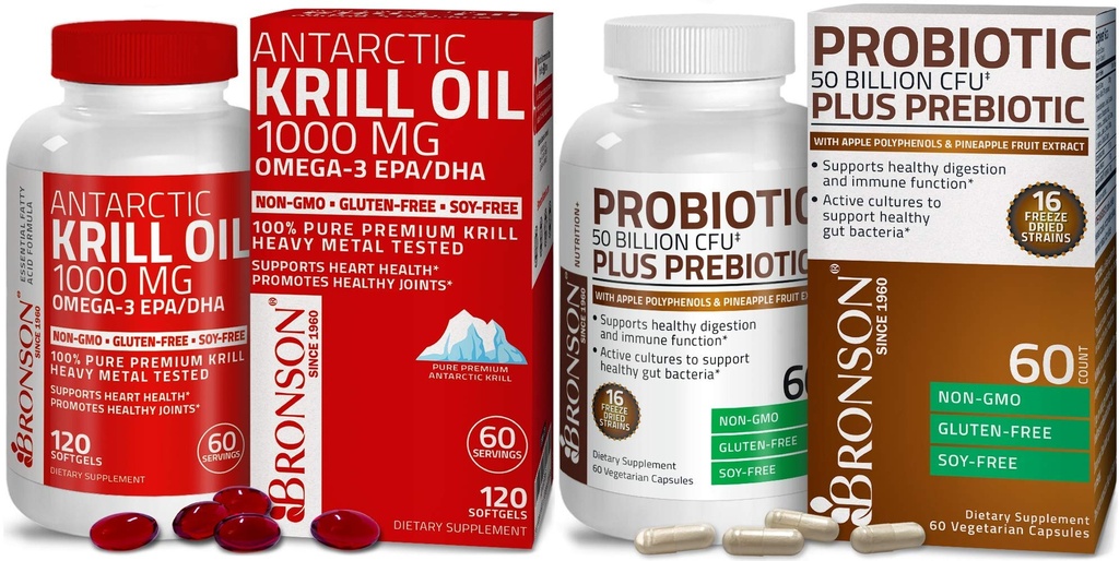 Bronson Probiotic 50 Billion CFU + Prebiótico con Apple Polyphenols & Pineapple Fruit Extrac Antarctic Krill Oil 1000 mg con Omega-3 EPA DHA