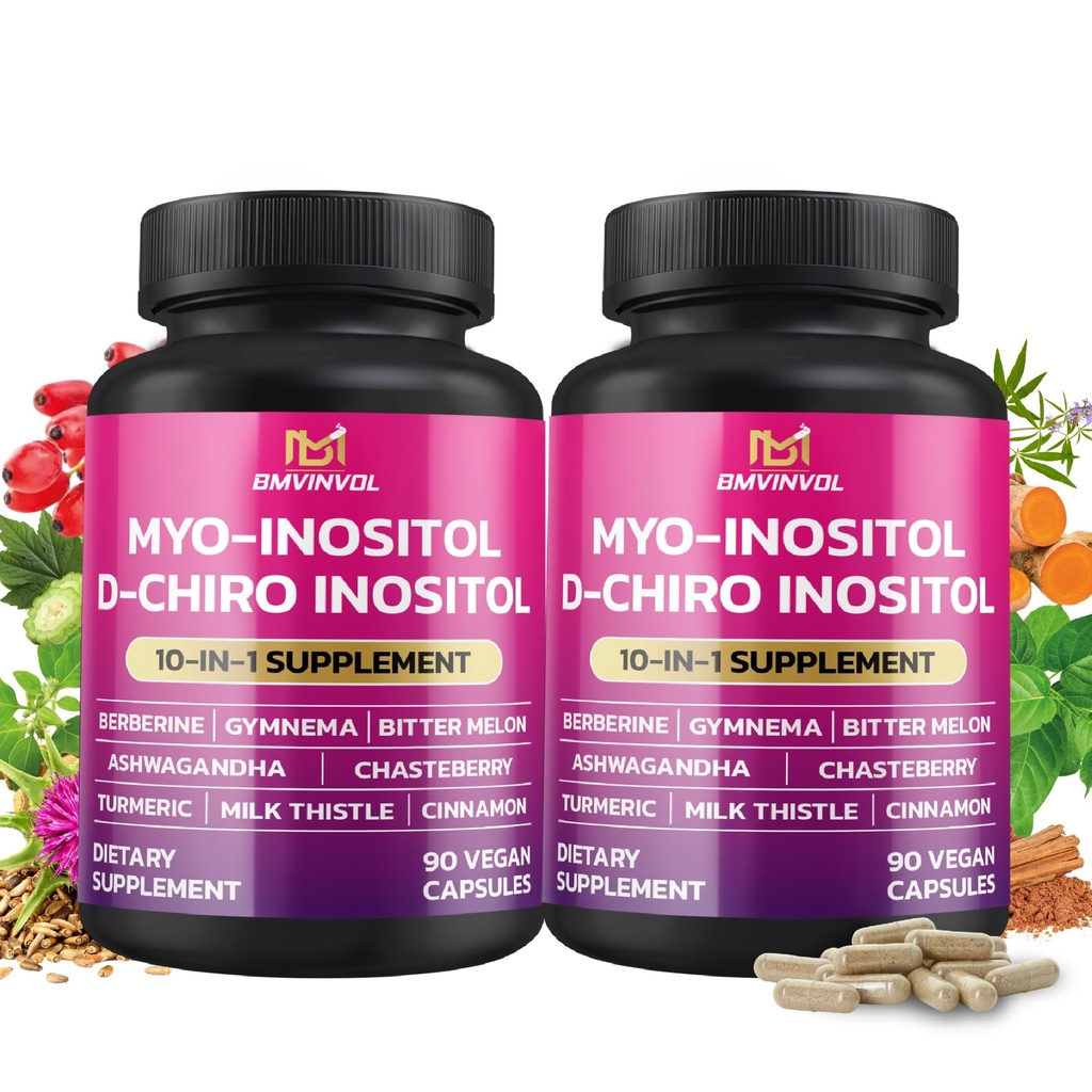 BMVINVOL 2 Pack Inositol Suplemento-Myo-Inositol y D-Chiro Inositol Ideal 40:1 Ratio - Plus Berberine, Cinnamon, Ashwagandha+5 Mas-60 Day Supply