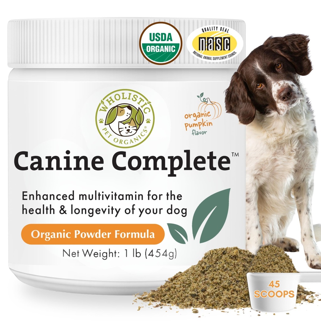 Orgánicas Wholistic Pet Orgánicas Canine Completa - Pólvora Multivitamínica Perro - 1 Lb - Vitaminas y Suplementos diarios para alimentos caseros - Sistema de inmune, Esquía, Carne &amp; Salud general - Pequeña y Gran Gancho