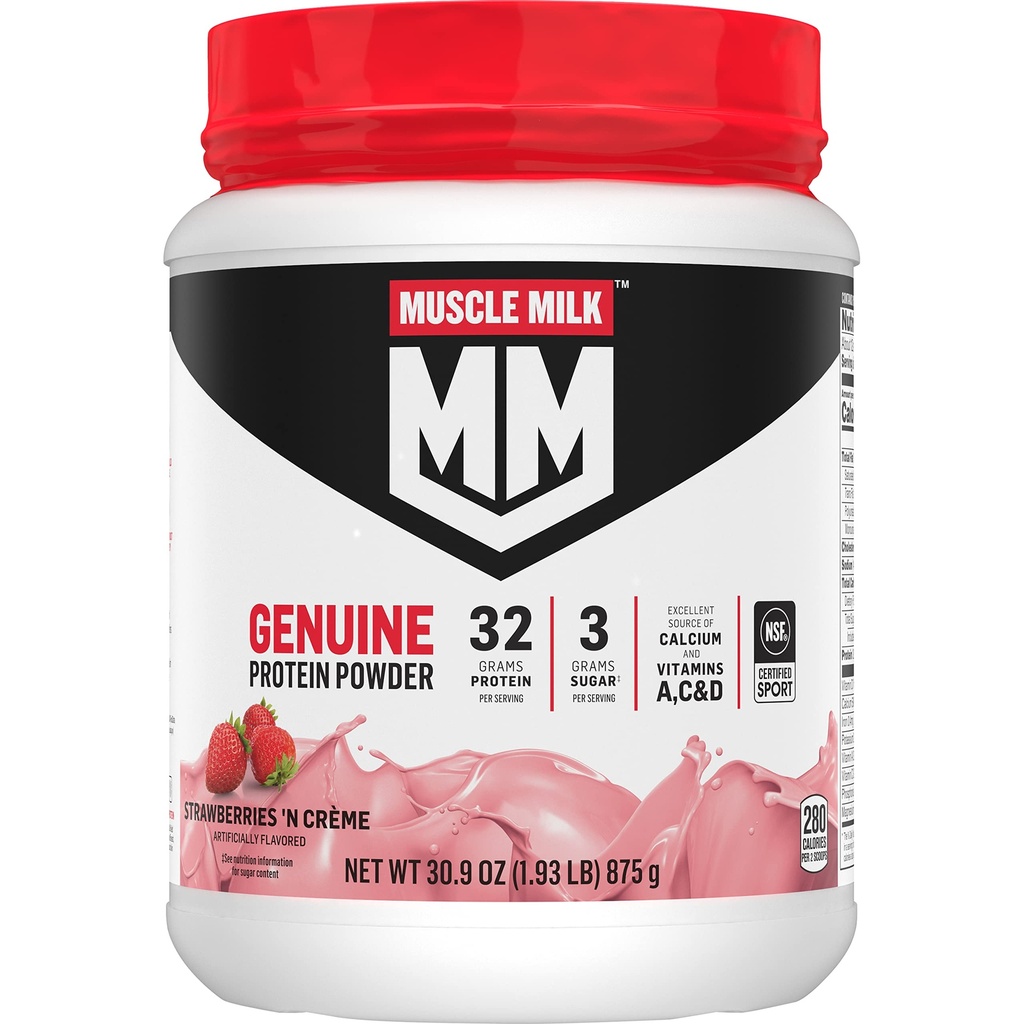 Muscle Milk Genuine Protein Powder, Strawberries 'N Crème, 1,93 libras, 13 servidos, 32g Protein, 3g Azúcar, Calcio, Vitaminas A, C &amp; D, NSF certificado para el deporte, Energizing Snack, Packaging May Vary