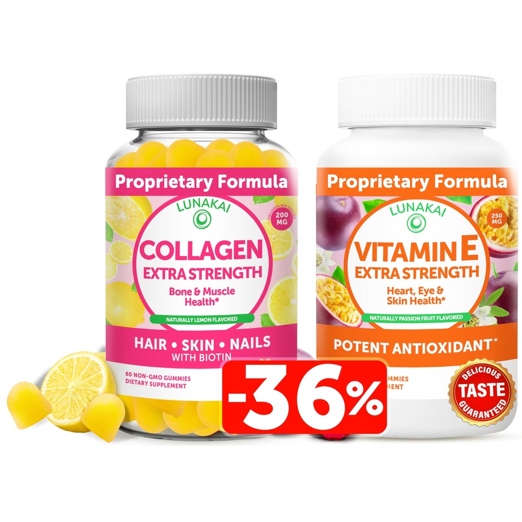 Lunakai Collagen y vitamina E Gummies Bundle - Suplementos antienvejecimiento no transgénico para mujeres - Gummy natural con vitamina C &amp; 250 mg Natural VIT E