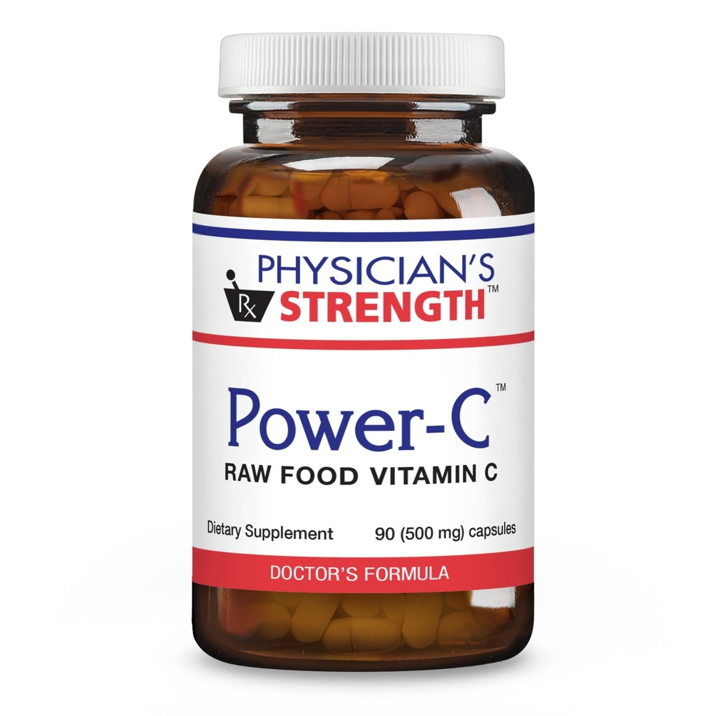 Physician's Strength Power-C - 90 Capsules - Raw Food Vitamin C + Flavonoids de Camu Camu, Acerola Cherry, Rhus coriaria & Rose Hip - Kosher - 30 Servings