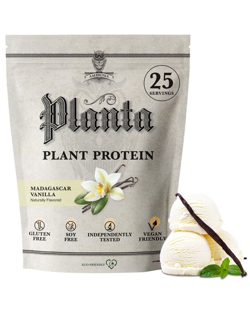 Ambrosia Planta - Premium Plant-Based Protein ¦ Vegan & Keto Friendly ¦ Gourmet Flavors with No Bloating or Stomach Upset TEN Gluten &amp; Soy Free TEN No Añadido Sugar TEN 25 Servings TEN Vanilla