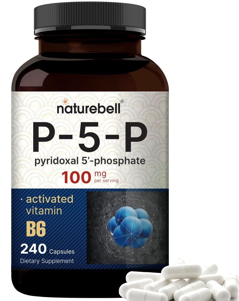 NatureBell P5P Vitamina B6 100mg Por Serving, 240 cápsulas TENIDO Pyridoxal activado 5 Suplementos de fosfato – Vitaminas B esenciales para la salud del cerebro y la memoria – No GMO