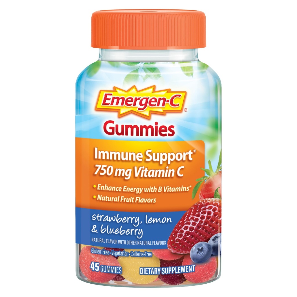 Emergen-C 750mg Vitamina C Gummies for Adults, Immune Support Gummies, Gluten Free, Strawberry, Lemon y Blueberry Flavors - 45 Condes