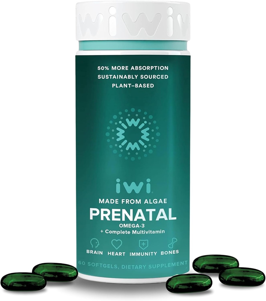 Iwi Life Prenatal Multivitamin, 60 Softgels (30 Servings), Vegan, Alga de base vegetal Omega 3 con EPA + DHA, Folate, Iron, Vitamina A, B12, C, D3, Calcio, Embarazo Suplemento dietético para mamá &amp; bebé