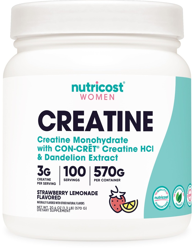 Nutricost Creatine Monohydrate Powder for Women, Micronized, Strawberry Lemonade, 100 Servings - Vegetariano, Non-GMO, Gluten Free