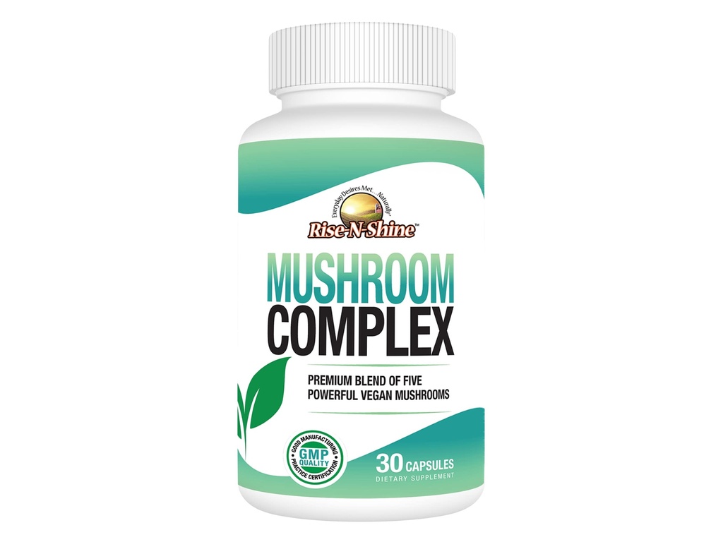 Rise-N-Shine Mushroom Complex Supplement for Clarity & Focus - Immune Support w/Lion’s Mane, Reishi, Mushroom, Chaga, Maitake & Shiitake Mushroom - 30 Day Supply - 30 cápsulas