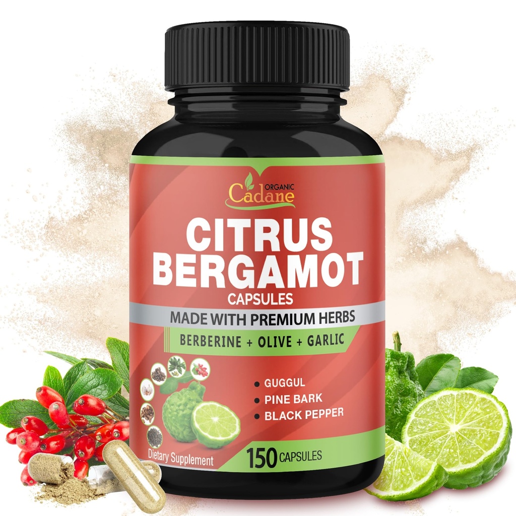 Cadane Citrus Bergamot Suplemento cápsulas con Berberine, Olive, Guggul, Ajo, Pine Bark, Black Pepper - 150 cápsulas para 5 meses de suministro