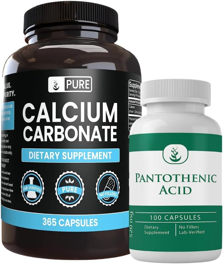 Ingredientes originales puros Carbonato de Calcio y Ácido Pantoténico Bundle, Varios Cantidades, Puro, Lab Verificado