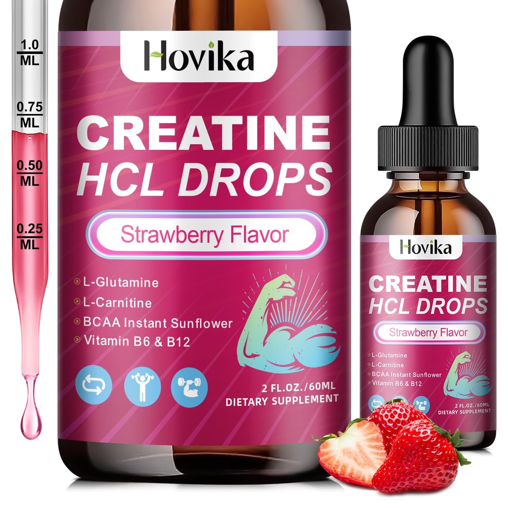 Creatine HCL Liquid Drops for Men &amp; Women, Creatine Hydrochloride with L-Carnitine, L-Glutamine, BCAA, Vitamin B12 &amp; B6 for Muscle Growth, Promote Energy & Recovery-Vegan, Strawberry Flavor, 2 Fl Oz