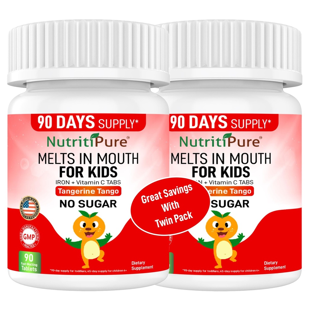 Suplementos de Hierro Chewable para Niños (Ferronyl®/Carbonyl Iron 9 mg con vitamina C 30 mg) Tablet in Tangerine Tango Orange Flavor Kids Suplemento 90 Conde (2 Botellas)