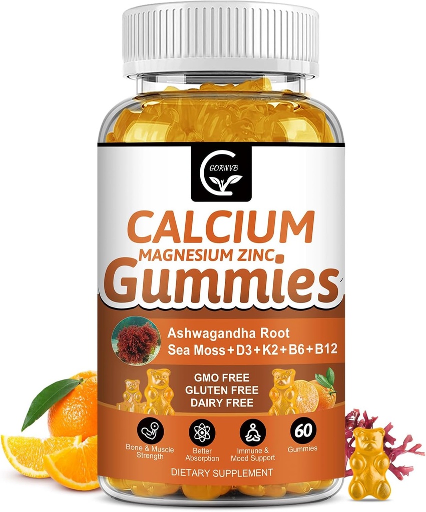 1200 mg Gummies de calcio con vitamina D3,K2,B12 &amp; B6 - Suplemento de magnesio de calcio complejo vegetal con glucocinato, potasio, mosaico de sea, raíz de ashwagandha para la fuerza de dientes de hueso