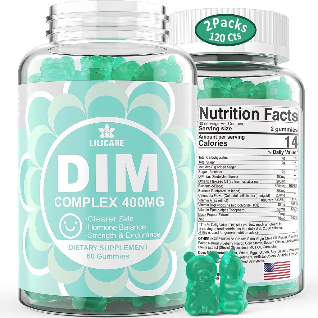 Suplemento DIM Mujeres 400mg, Suplemento Estrógeno para Mujeres, Gummies DIM Libre de Azúcar para Hombres &amp; Mujeres + Biotina, Aceite Flaxseed, Burdock, Calendula, BioPerine for Hormone Balance, Menopause &amp; Prostate 120Cts