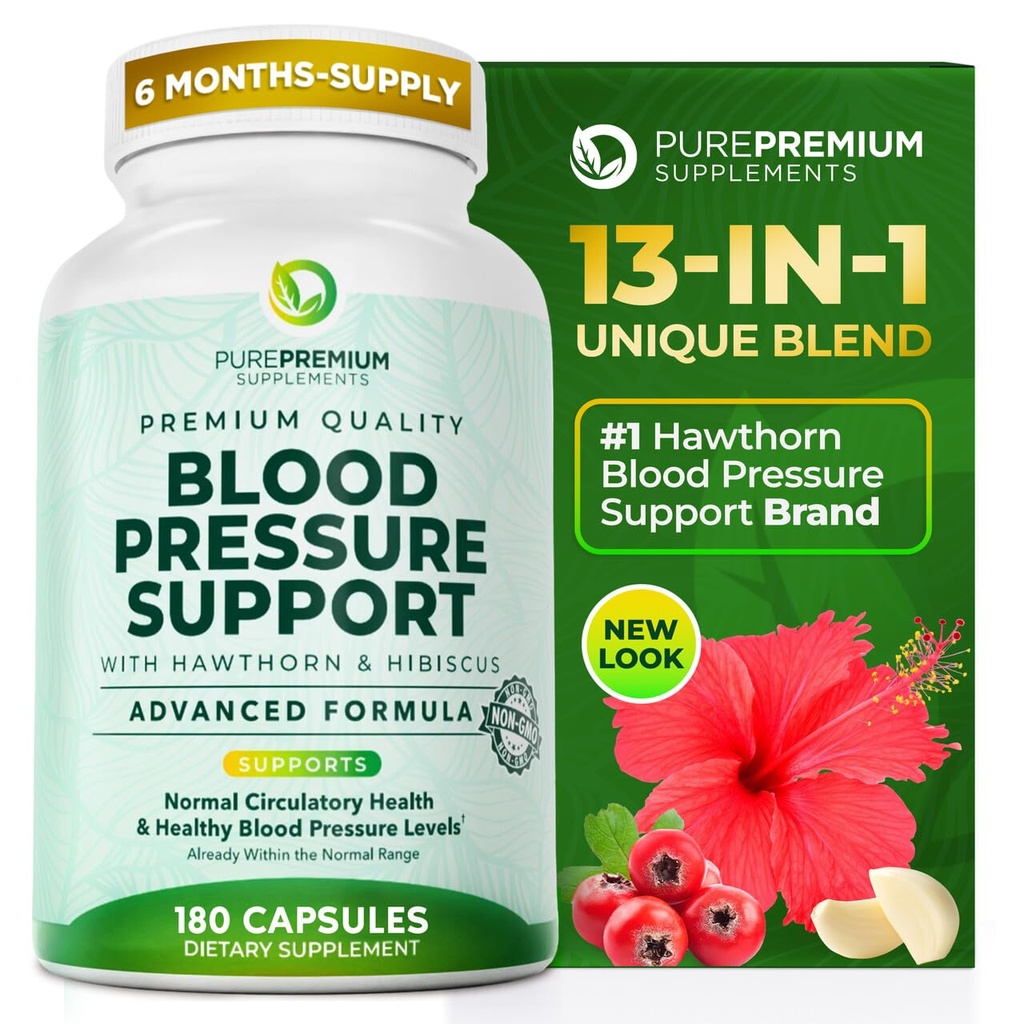 Suplementos de Premium Blood Pressure con Berry Hawthorn, Hibiscus, Ajo &amp; Vitamina B12- Suplemento de óxido nítrico para la salud normal del corazón, Circulación Salud &amp; Presión arterial - 180ct