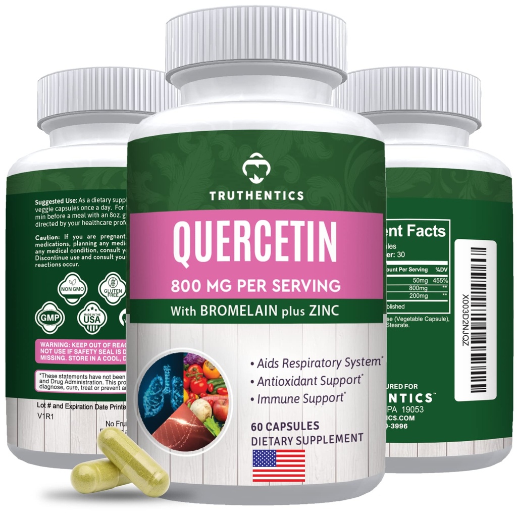 TRUTHENTICS Quercetin with Bromelain and Zinc 1050mg - Premium Zinc Quercetin Supplements for Immune, Respiratory &amp; Seasonal Support - Non-GMO, Gluten Free - 60 Veggie Capsules