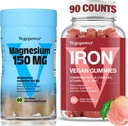 Suplemento de hierro con Gummies de Magensium, Gummies de hierro vegano con vitamina C, A, B-Complex, Folate, Zinc para Adultos &amp; Niños, por deficiencia de hierro, anemia, sueño de relajación, no GMO