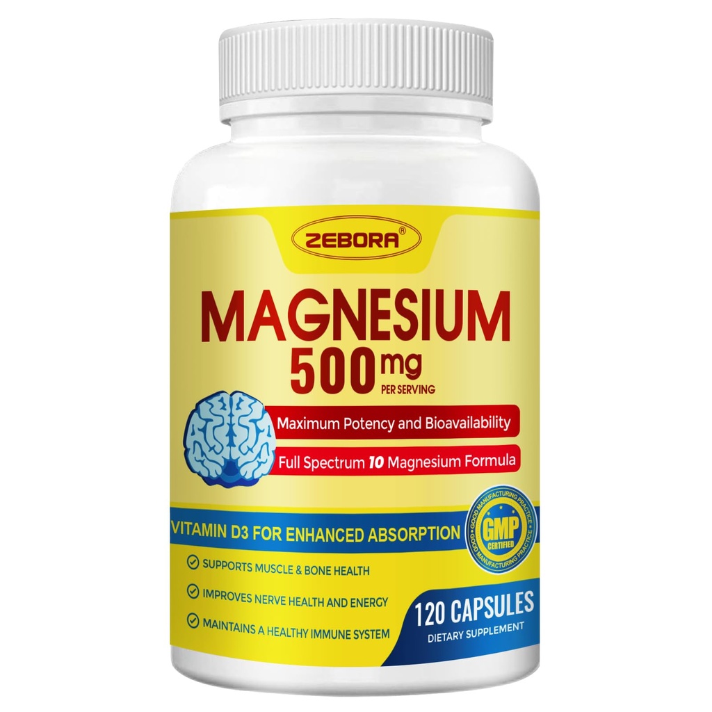 Suplemento Complejo de 10 en 1 Magnesio, Magnesium Glycinate 500mg con Citrato & Malate, Alta Absorción Chelated Plus Vitamina D3 &amp; Zinc - para Nerve, Muscle &amp; Bone Soporte - 120 cápsulas