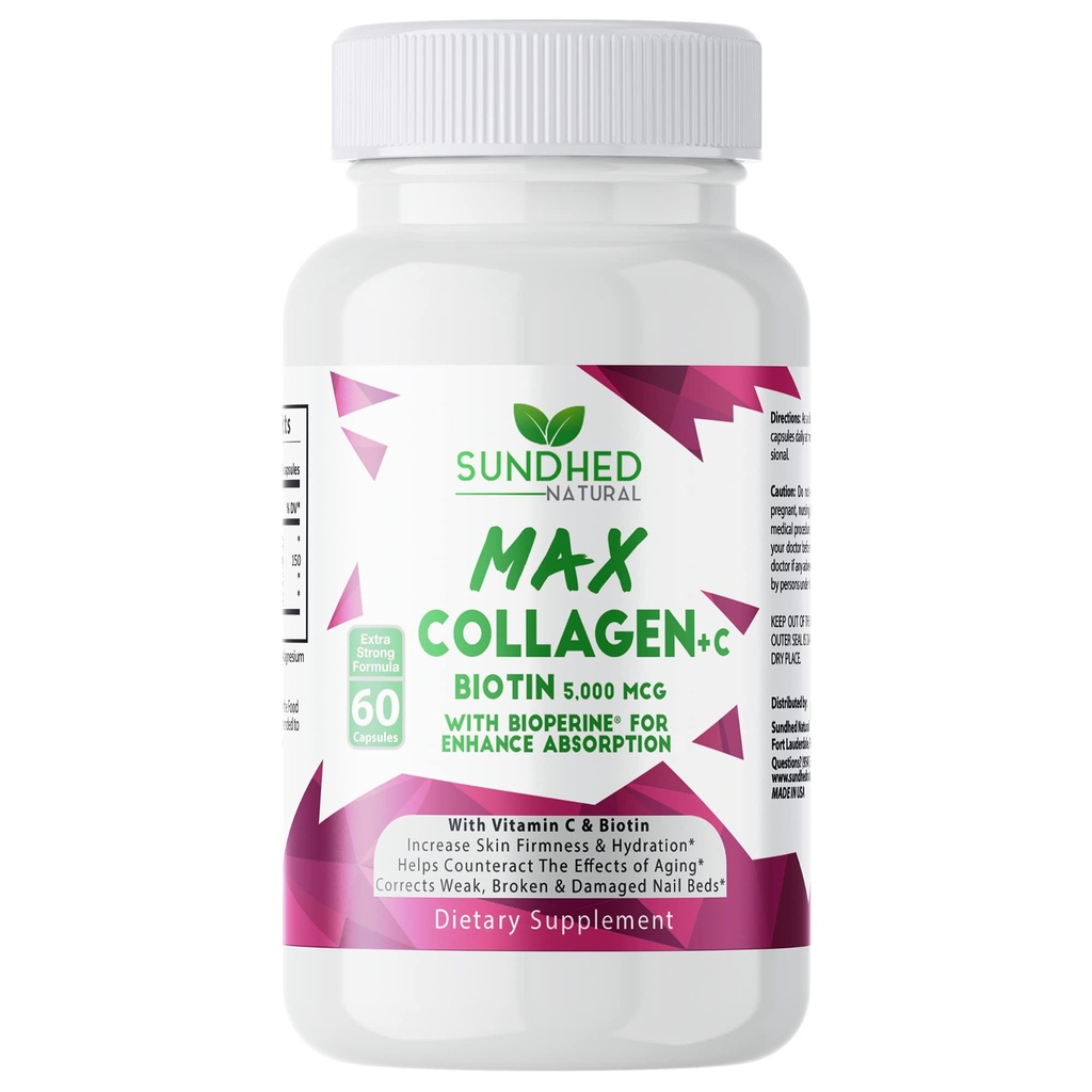 Max Collagen Plus C (60 caps) - All Natural Collagen Capsules with Biotin & Bioperine to Boost Anti Aging Hydration & Skin Firmness - Collagen Pills to Strengthening Bones & Nails