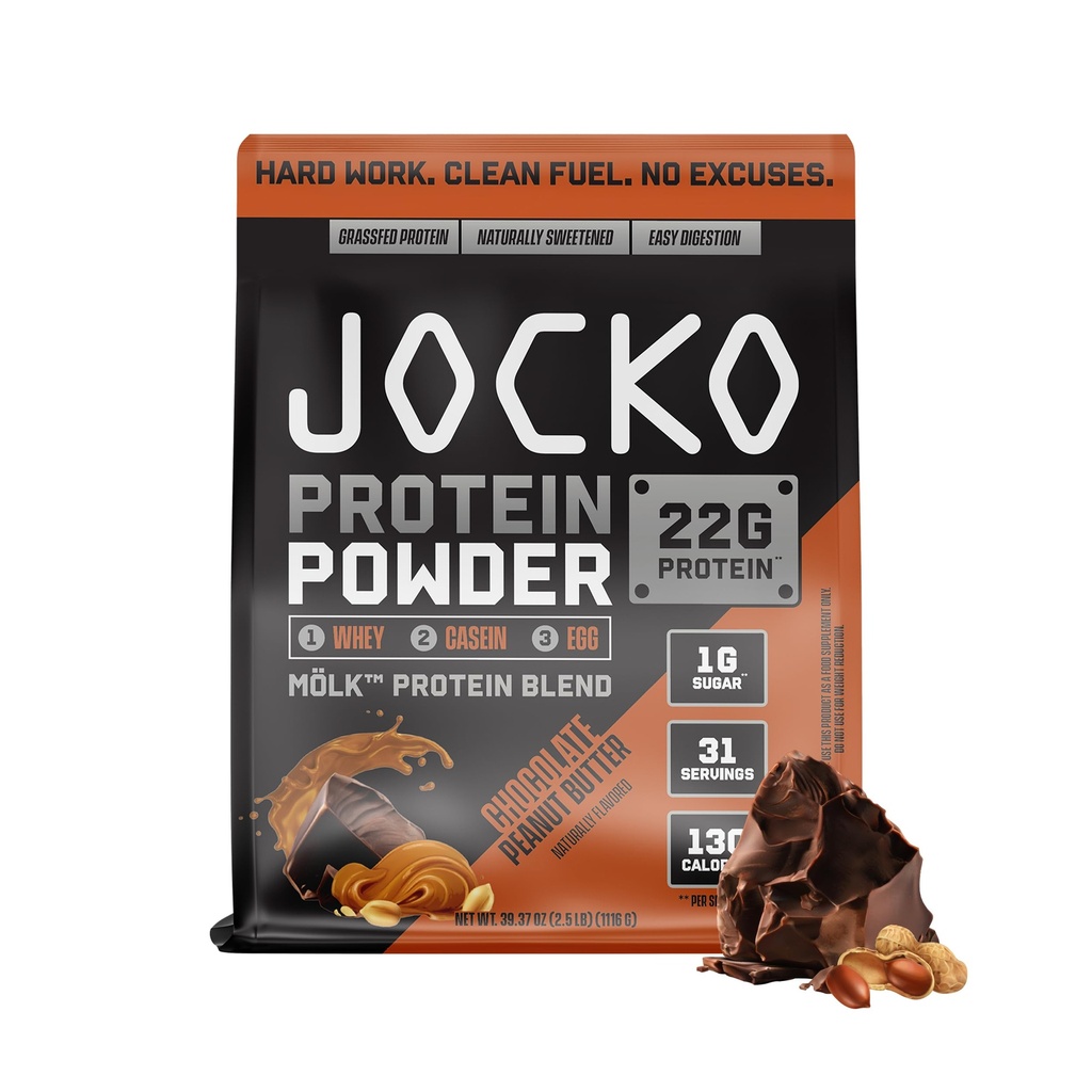 Jocko Fuel Mölk Whey Protein Powder 22g Low Sugar Monk Fruit Blend - Muscle Recovery &amp; Growth, Packaging May Vary (31 Servings, Chocolate Peanut Butter)