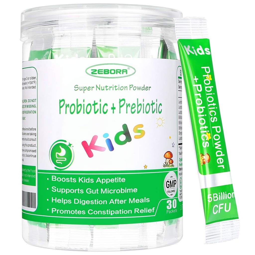 ZEBORA Kids Probiotic " Prebiotics Powder Age 3+ Support Children's Digestive " Immune System with Natural Source, Promotes Constipation Relief, Non-GMO, Gluten-Free, 30 Packets with 5 Billion CFUs