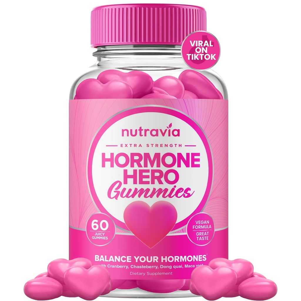 Equilibrio hormonal para mujeres Gummies + suplemento de alivio PMS - Soportes Mood Swings, piel clara, cáñamo reducido y ruborización - Hormonal PMS Gummies PCOS Vitamina con arándano, Dong Quai (60 Gummies)
