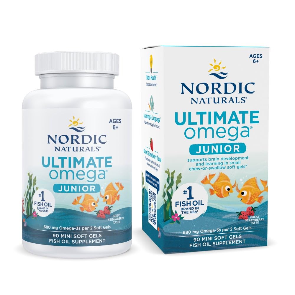 Nordic Naturals Ultimate Omega Jr., Fresa - 90 Mini Soft Gels - 680 Total Omega-3 con EPA &amp; DHA - Brain Health, Mood, Learning - Non-GMO - 45 Servimientos