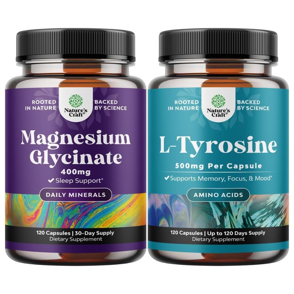 Bundle of Magnesium Glycinate 400mg Capsules and Potent L Tyrosine 500mg Capsules - para el apoyo al sueño Bone Health Muscle Recovery - Amino Acid Suplemento Nutricional para el soporte de tiroides de salud cerebral