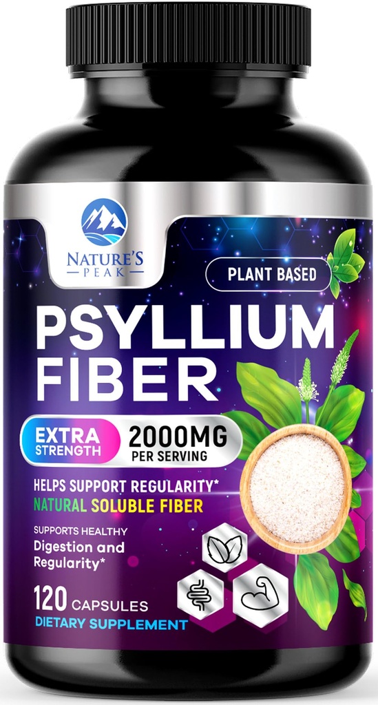 Psyllium Husk Fiber Supplement 1500mg - Vegan Prebiotic, Soluble Fiber for Daily Digestive Health & Regularity Support, Natural Psyllium Powder Caps, Sugar-Free, Non-Gluten-Free - 120 cápsulas