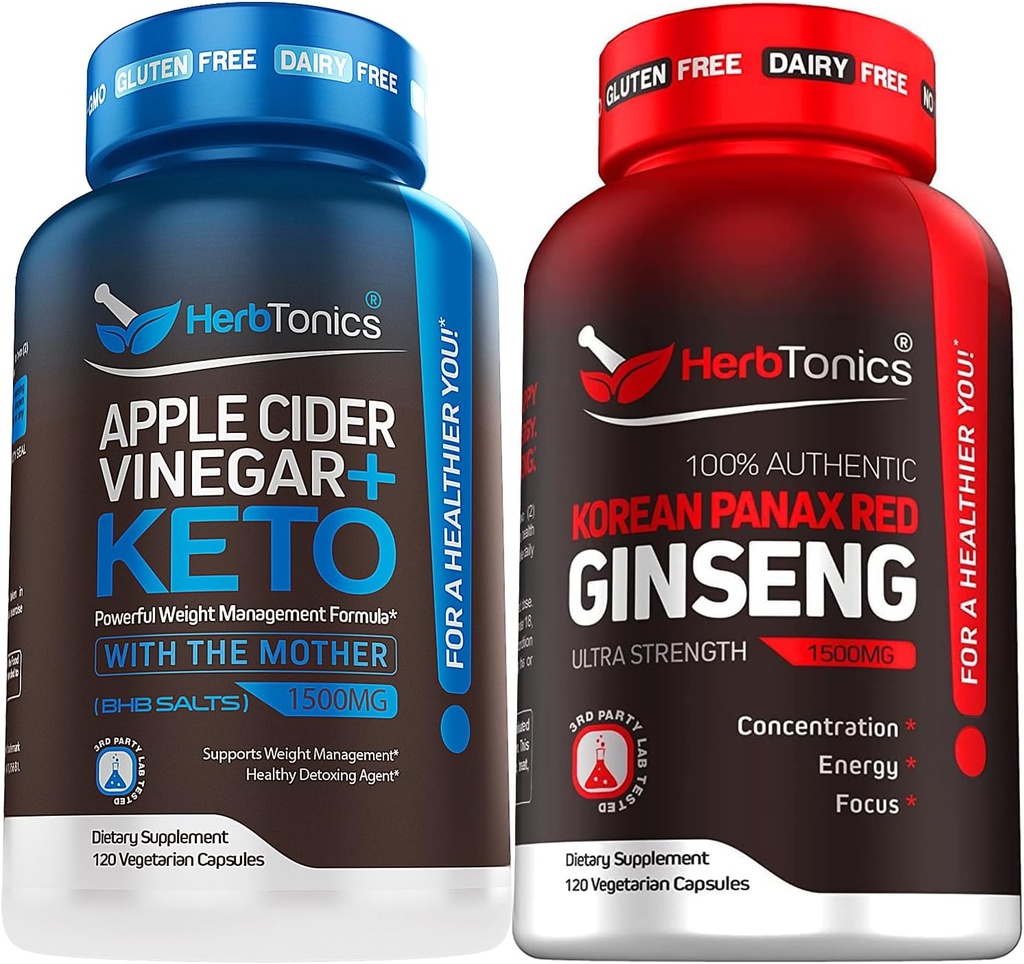 Herbtonics Apple Cider Vinegar Capsules Plus Keto BHB ← Fat Burner &amp; Weight Loss Suplemento para Hombres - High Strength Ginseng Korean Red Panax Extract - Performance Support for Men &amp; Women