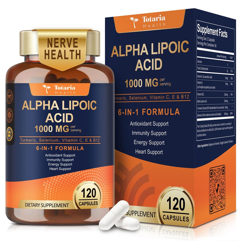 Totaria Alpha Lipoic Acid 1000mg - ALA Suplemento Antioxidante para Neuropatía Soporte Nerve Health, Liver Detox, Antioxidante, Metabolismo y Energía Celular, Anti-Aging - Non-GMO, Gluten Free, Vegan Safe