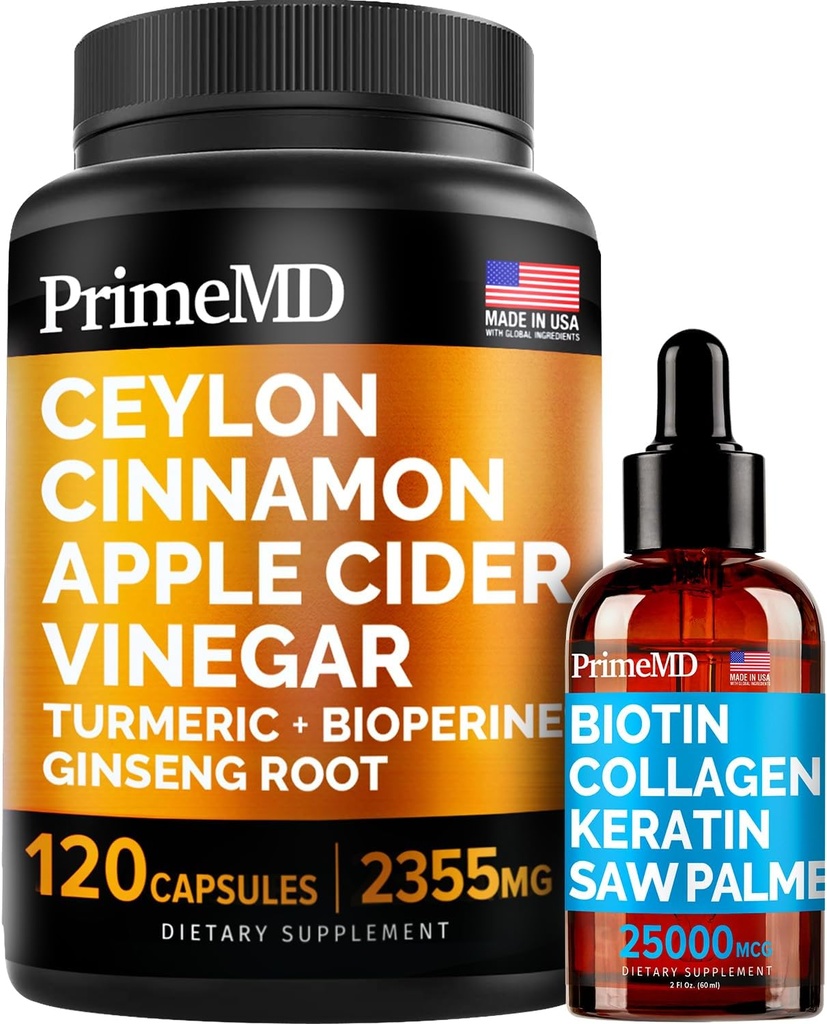 4-in-1 Liquid Biotin Collagen Keratin Saw Palmetto Drops (2 fl oz - 1 Pack) & 5-in-1 Ceylon Cinnamon w Turmeric " Ginseng Root (120ct) Bundle - Hair, Skin, Nails, " Immune Support Supplement