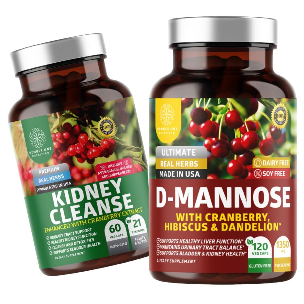 Número 1 Nutrición N1N Premium D-Mannose [1350mg] con Cranberry & Hibiscus y Kidney Cleanse [21 Potent Herbs] con Cranberry Extract, Astragalus, Uva Ursi, 2 Pack Bundle
