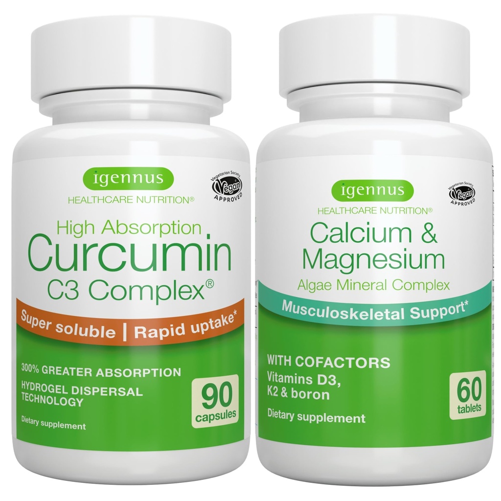 Complejo de Algae Calcium &amp; Magnesium + Complejo de Curcumina de Alta Absorción C3, Bundle Vegan para Huesos, Juntas " Recuperación del Ejercicio, por Igennus